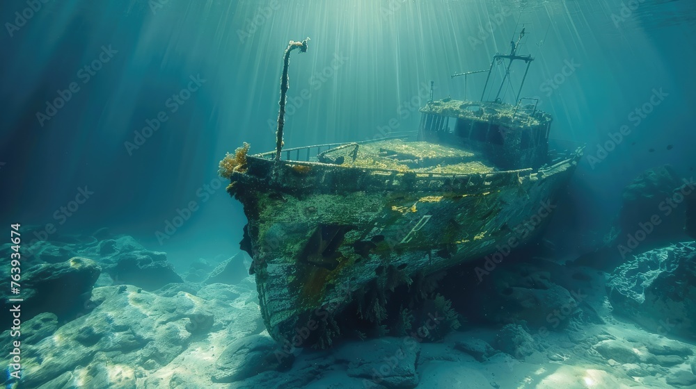 Wreck of a sunken ship in the depths of the sea. Generative AI Wreck of a sunken ship in the depths of the sea. Generative AI