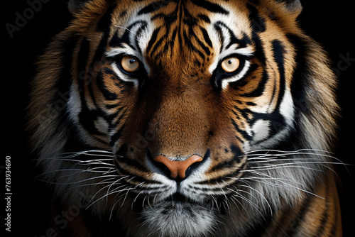 Hyper-real close-up of a tiger s face  refined with feathering brushstrokes for smooth transitions   reated with Generative Ai