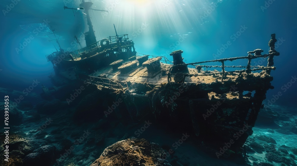Wreck of a sunken ship in the depths of the sea. Generative AI - obrazy, fototapety, plakaty 