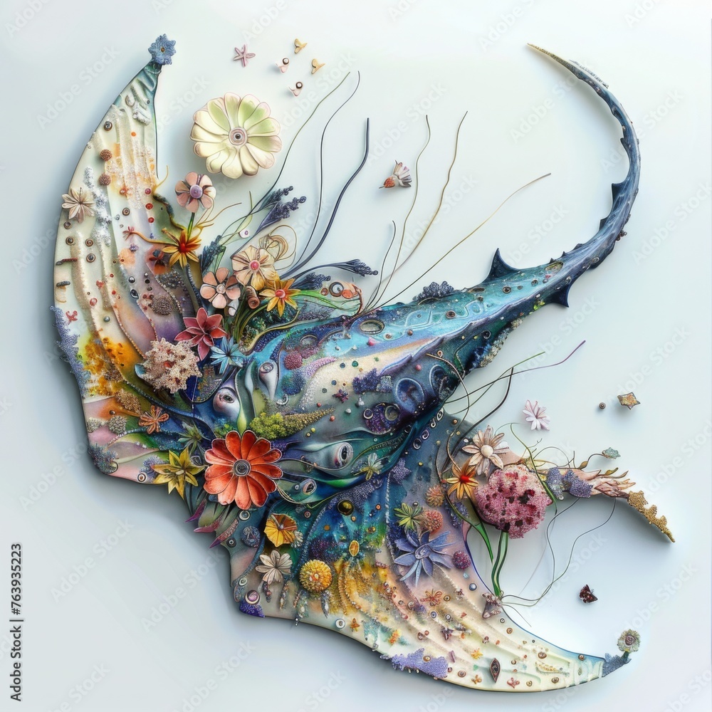 Fototapeta premium Beautiful sea Stingray Manta ray made of wildflowers in fantasy style. Colorful illustration of Manta ray monster in an original floral style with dewdrops, spring flowers on white background.