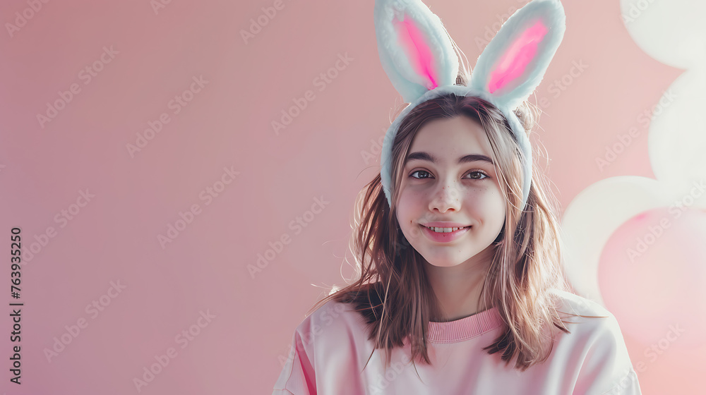 A teenage girl wearing easter bunny ears, smiling on pink background,  Happy Easter Holiday, copy space