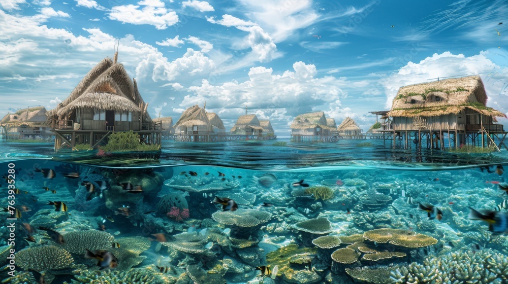 Flourishing Freedive Villages: Human-Powered Ocean Settlements and conceptual metaphors of Human-Powered Ocean Settlements - obrazy, fototapety, plakaty 