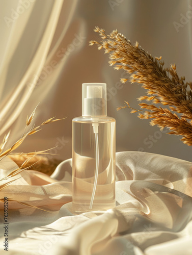 (Skincare Mockup) Tranquil Skincare Spray Bottle with Warm Light