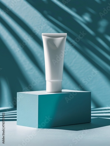 (Mockup) Modern Skincare Tube on Geometric Blue Stand