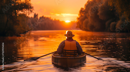 Man rowing a wooden boat on a river at sunset, surrounded by forest, recreation and travel concept. Generative AI