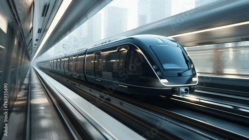 Futuristic high-speed train blurs through a modern, streamlined tunnel.