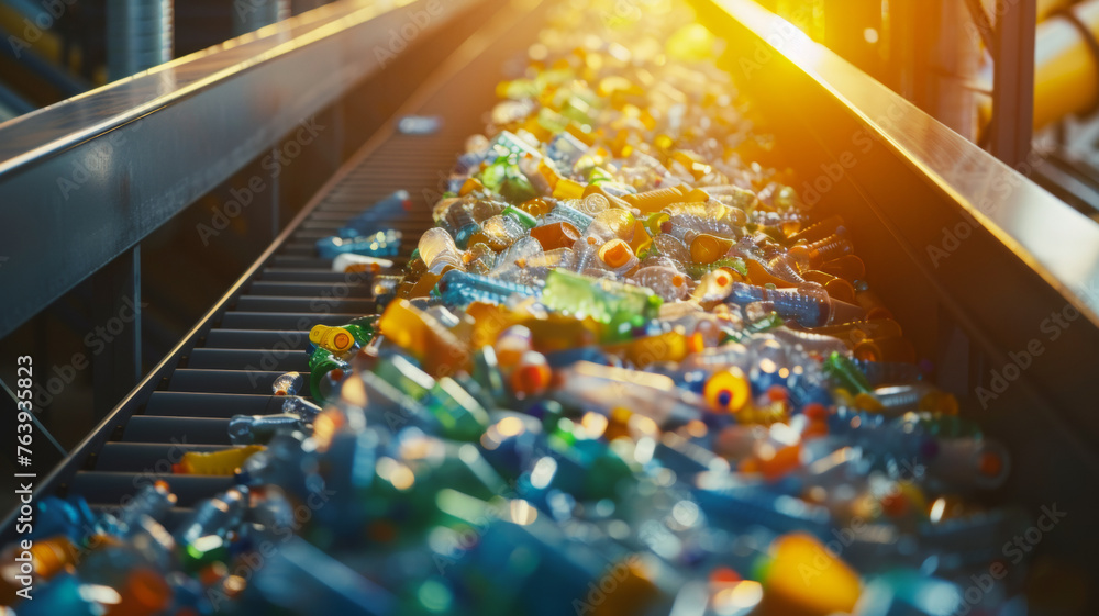Conveyor belt with a stream of recyclable plastic bottles. Conveyor belt with a stream of recyclable plastic bottles.
