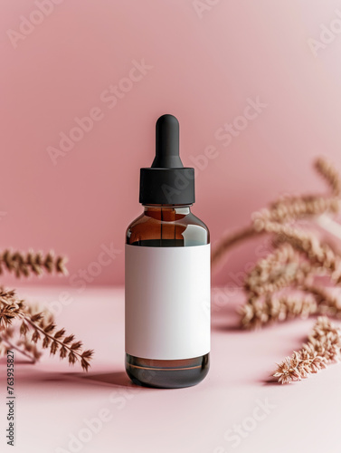 (Mockup) Dropper Bottle with Delicate Dried Flowers on Pink