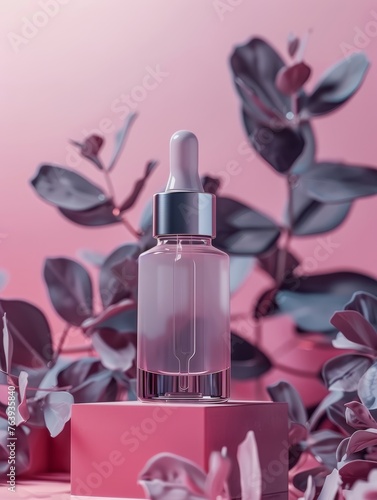 (Mockup) Dropper Bottle Amidst Pink-Toned Foliage