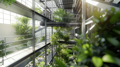 Modern atrium with lush greenery, blending architecture with nature.