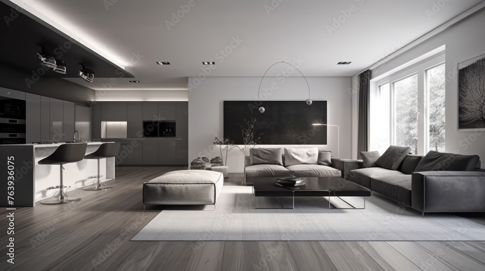 A sleek and modern kitchen space with monochrome color scheme, featuring state-of-the-art appliances and a minimalist design that exudes contemporary elegance. A sleek and modern kitchen space with monochrome color scheme, featuring state-of-the-art appliances and a minimalist design that exudes contemporary elegance.