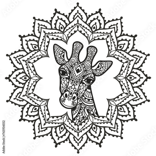 Giraffe mandala. Vector illustration. Adult coloring page. animal in Zen boho style. Sacred, Peaceful. Tattoo print ornaments. black and white