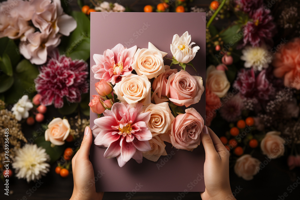 bouquet of roses and gift Beautiful hands holding a blank greeting card vertically in a mockup