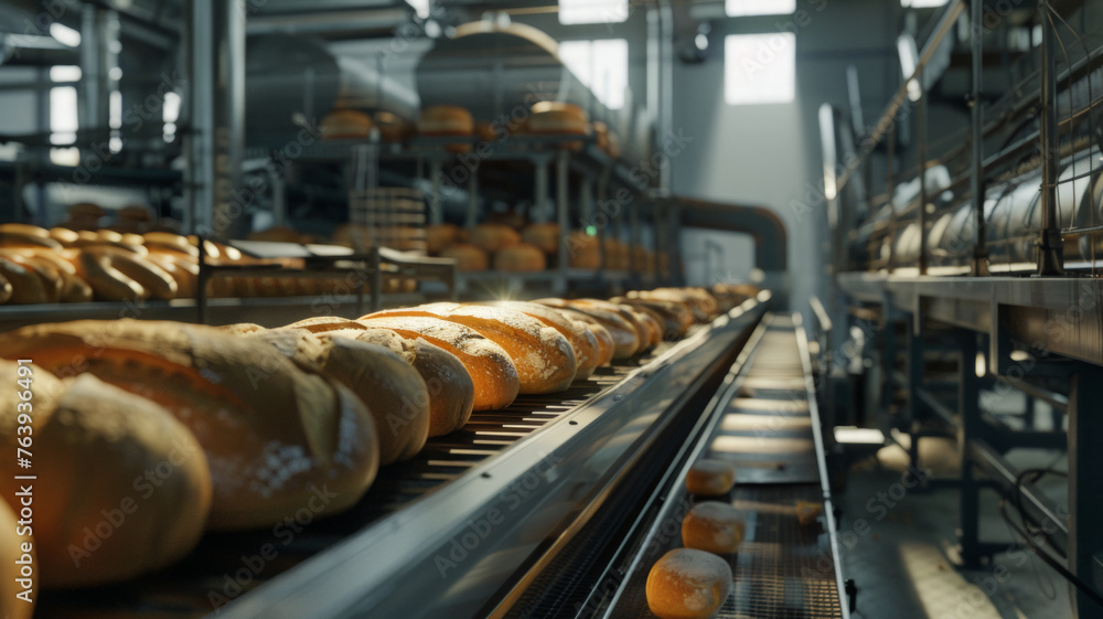 Industrial bakery production line with fresh loaves of bread on conveyor belts. Industrial bakery production line with fresh loaves of bread on conveyor belts.
