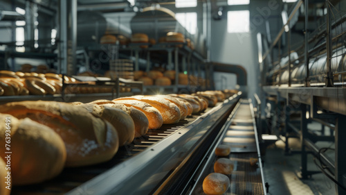 Industrial bakery production line with fresh loaves of bread on conveyor belts.