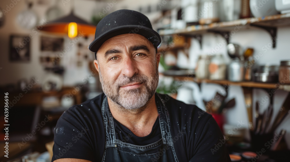Portrait of a smiling man wearing a cap and apron in a creative studio, surrounded by art supplies. Casual and personal atmosphere concept. Generative AI Portrait of a smiling man wearing a cap and apron in a creative studio, surrounded by art supplies. Casual and personal atmosphere concept. Generative AI