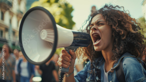Activist passionately shouting into a megaphone during a protest.