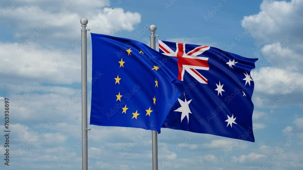 Australia and European Union two flags waving together, looped video, two country relations concept Australia and European Union two flags waving together, looped video, two country relations concept