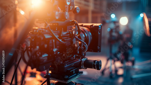 A cinematic film camera on a set, basking in a dramatic backlight.