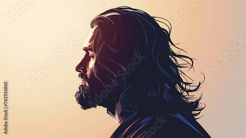 Digital art of Jesus Christ in profile, in a minimalist and modern style, represent faith and hoper photo
