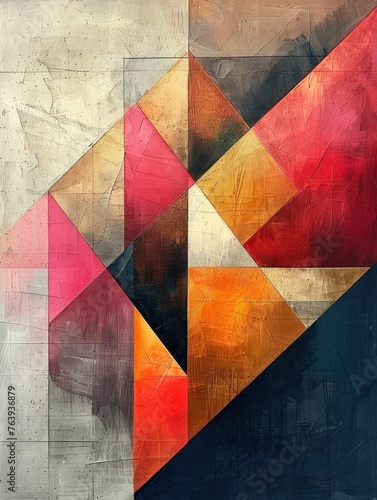 This painting features a complex and vibrant multicolored geometric design. Various shapes, lines, and colors intersect and overlap to create a visually striking composition