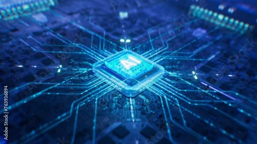 Dynamic Close-up of Futuristic AI Accelerated Chip Connection. Next Generation Microchip Activating and Powering Up System. High Performance GPU For Generative Artificial Intelligence Computing.