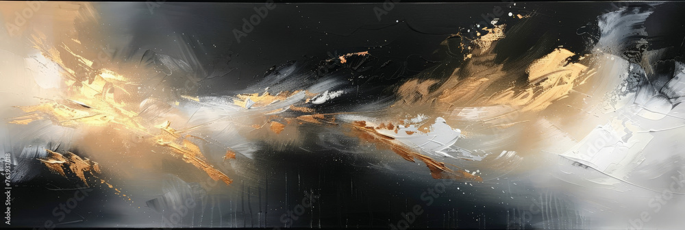  abstract painting gold and black swirls wave rough brushstroke art background,Gol black pallet knife paint on canvas pattern ink texture Abstract liquid gold design luxury, banner  - obrazy, fototapety, plakaty 