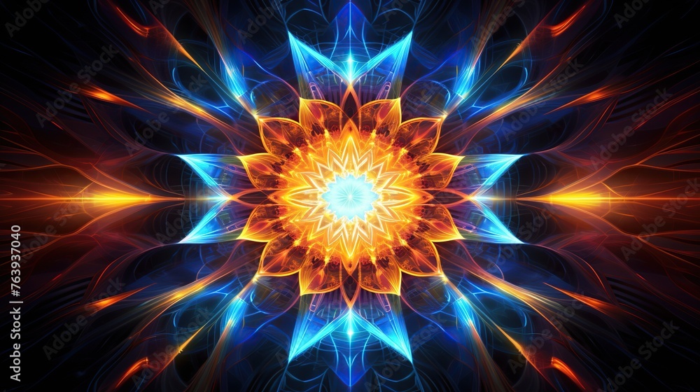Radiant digital creation resembling a star-shaped flower made of light, symbolizing convergence and innovation, perfect for tech and science visual needs with a central focus. Radiant digital creation resembling a star-shaped flower made of light, symbolizing convergence and innovation, perfect for tech and science visual needs with a central focus.