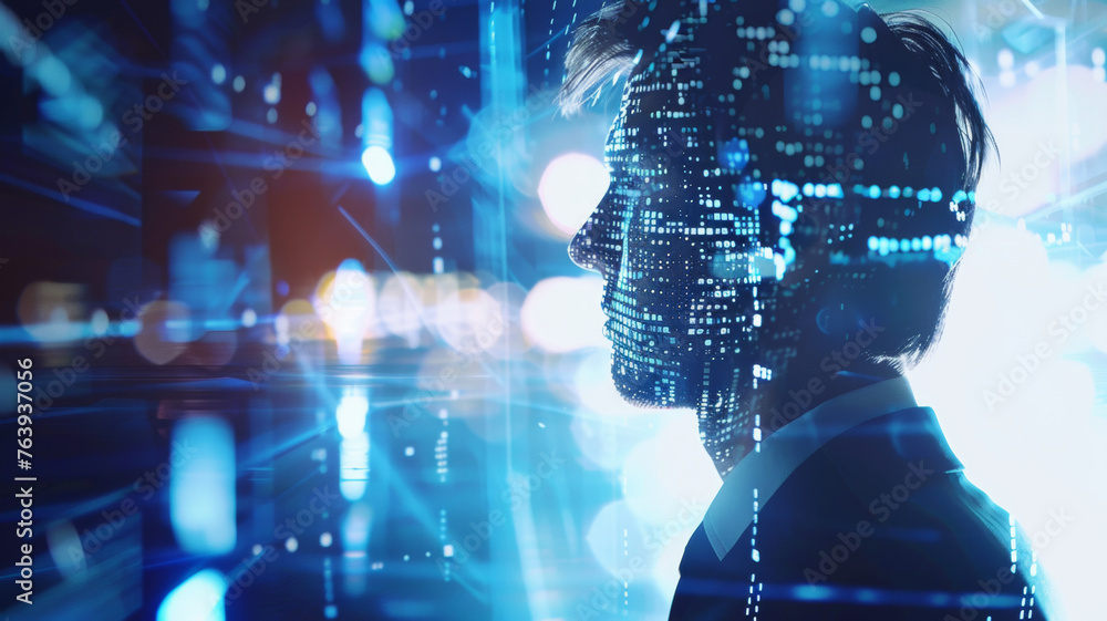 Profile of a tech-inspired businessman with blue digital patterns and ...