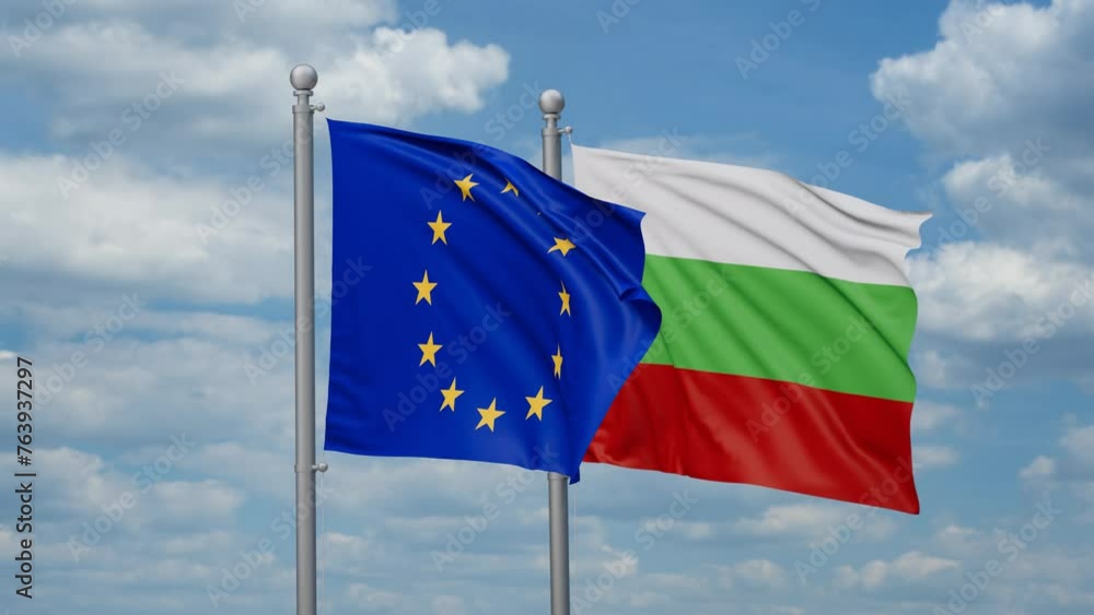 Bulgaria and European Union two flags waving together, looped video, two country relations concept Bulgaria and European Union two flags waving together, looped video, two country relations concept