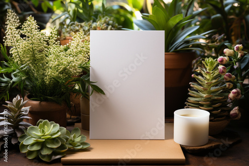 lavender soap and flowers and Beautiful hands holding a blank greeting card vertically in a mockup photo