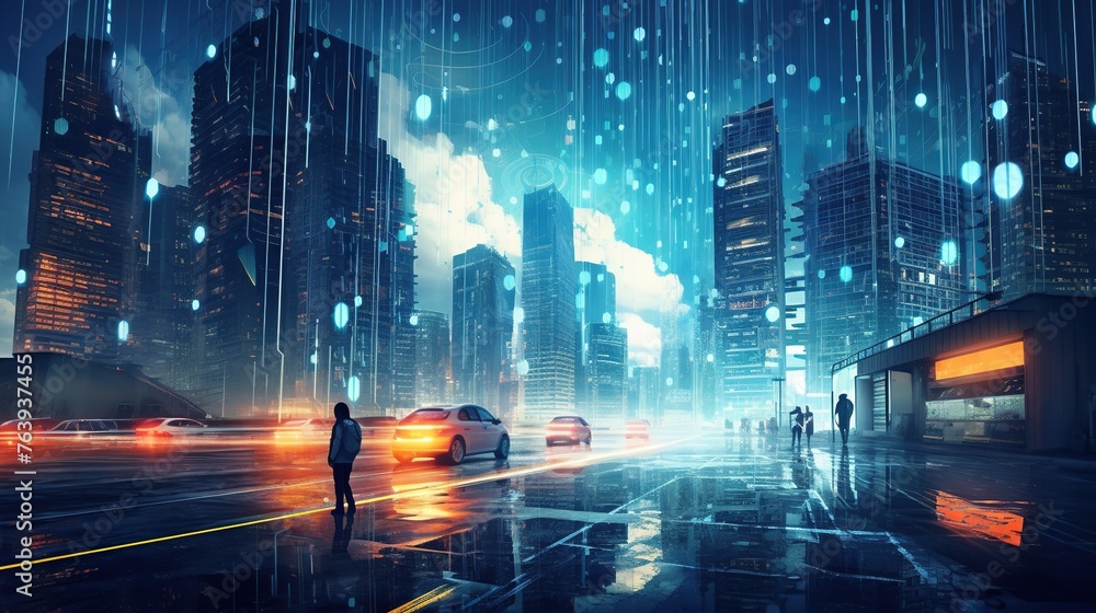Capturing an urban downpour of light, this image reflects the bustling energy of city life amidst digital advancement, perfect for themes of urban tech, with copy space.