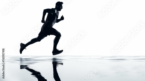 High-contrast silhouette of an athletic man running with reflection on a glossy surface, depicting motion and determination.