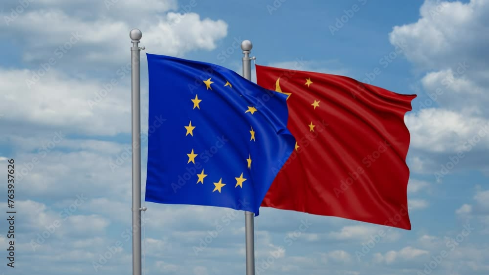 China and European Union two flags waving together, looped video, two country relations concept China and European Union two flags waving together, looped video, two country relations concept