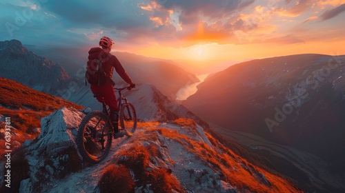 A man is riding a bike on the top of a mountain. He is navigating the rocky terrain with skill and determination, enjoying the challenge and the breathtaking views around him