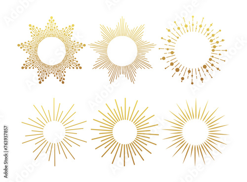Sunburst gold vintage explosion. Handdrawn vector Design, magical Element. Fireworks collection. Bohemian sunrays linear icons and symbols for decoration