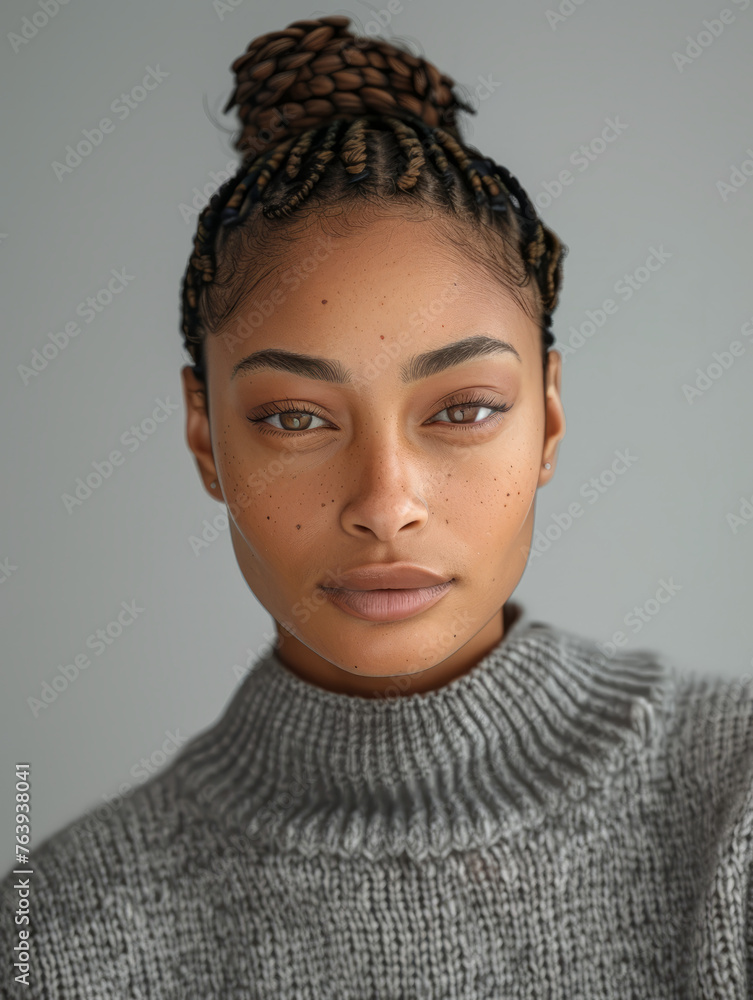 Obraz premium Close-up portrait of a young woman with braided hair and freckles, wearing a grey sweater
