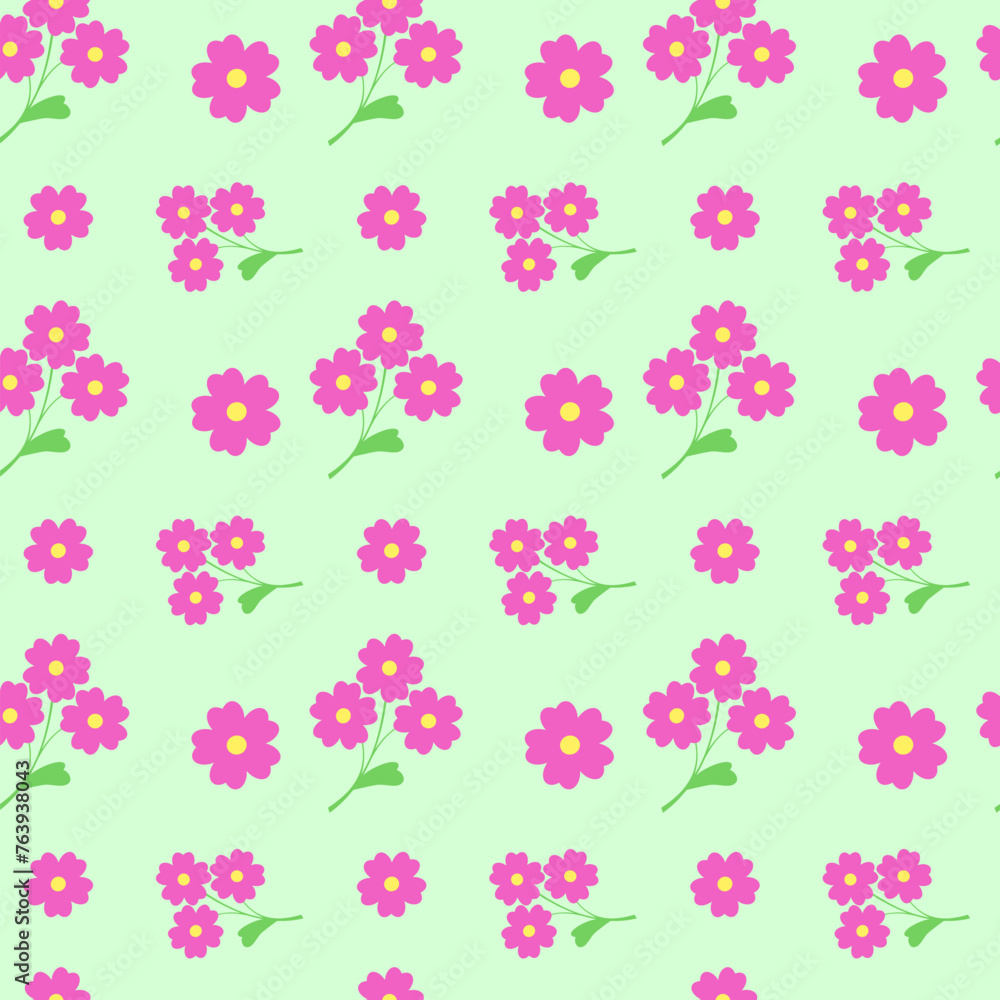 Seamless pattern of pink flowers on a colored background.