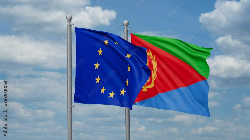 Eritrea and European Union two flags waving together, looped video, two country cooperation concept Eritrea and European Union two flags waving together, looped video, two country cooperation concept
