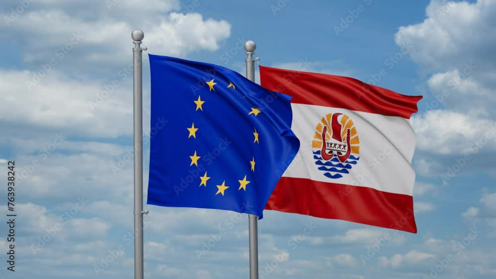 French Polynesia and European Union two flags waving together, looped video, two country relations concept French Polynesia and European Union two flags waving together, looped video, two country relations concept