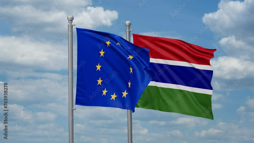 Gambia and European Union two flags waving together, looped video, two country relations concept Gambia and European Union two flags waving together, looped video, two country relations concept