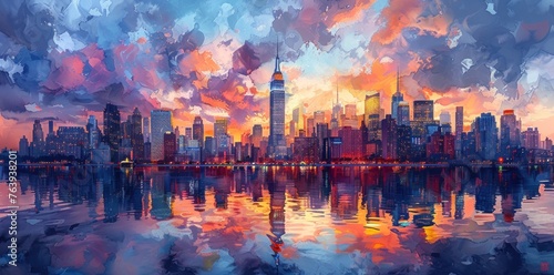 new york skyline painting print, in the style of watercolor technique photo