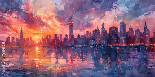 new york skyline painting print, in the style of watercolor technique