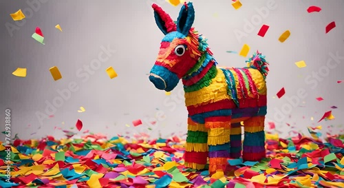 Vibrant сolorful donkey pinata surrounded by bright confetti.Cinco de Mayo.Fiesta banner and poster design. photo