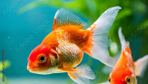 Aquatic Elegance: Two Sweet Goldfish Pets Gliding in a Freshwater Aquarium Oasis"