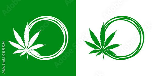 Logo con marco circular con líneas con silueta de hoja verde de cannabis