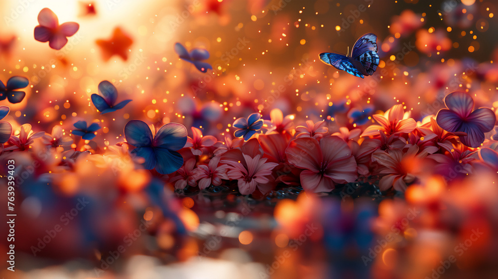 Enchanted Evening with Vibrant Blue Butterflies over Lush Red Flowers - A Dreamy Nature Scene, Wallpaper, AI-Generated