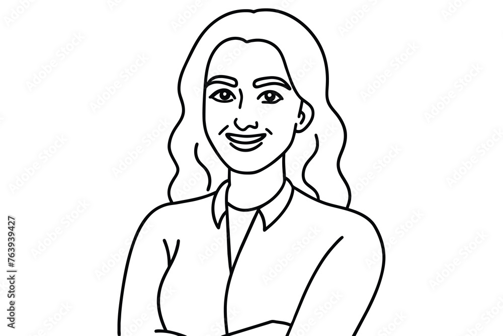 Portrait of handsome smiling young woman with folded arms, line art, vector illustration Portrait of handsome smiling young woman with folded arms, line art, vector illustration