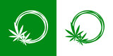 Logo con marco circular con líneas con silueta de hoja verde de cannabis