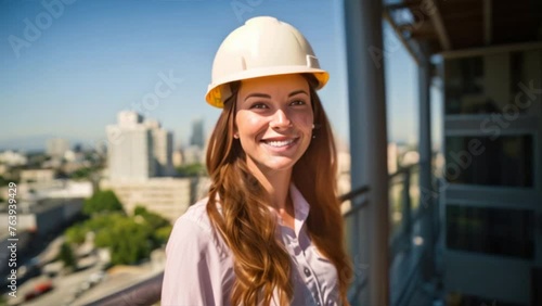 Female architect smiling while on the phone, wearing a yellow hardhat, embodies professionalism in the construction industry photo